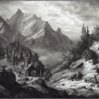 Monochrome illustration of mountainous landscape with rugged peaks, forest, cabins, and cloudy sky.