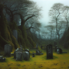 Misty graveyard with moss-covered tombstones and colorful leaves