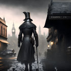 Plague Doctor Costume Figure in Historical Setting