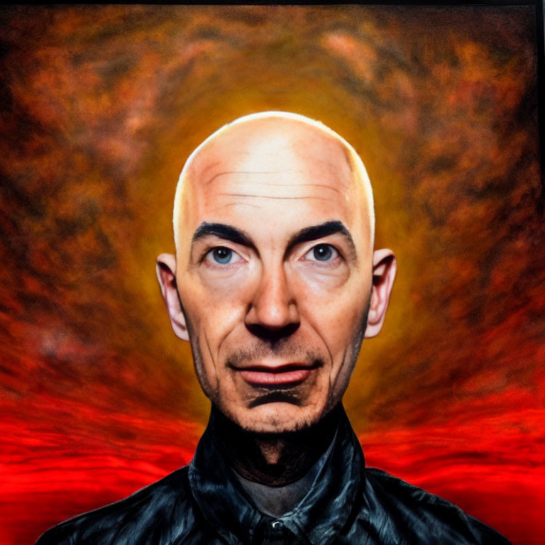 Stylized portrait of bald man in black leather jacket