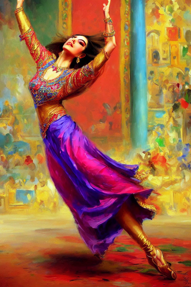 Traditional Outfit Woman Dancing Gracefully in Vibrant Scene