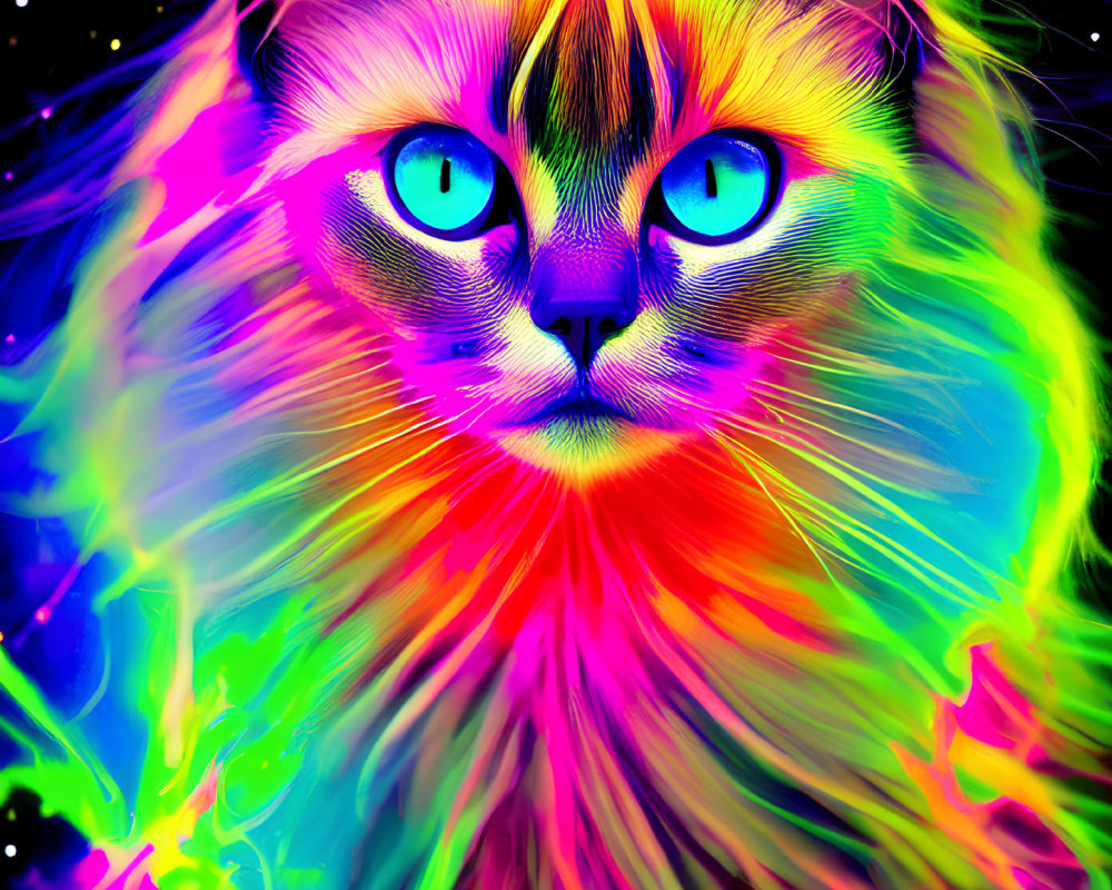 Colorful Psychedelic Cat Portrait with Blue Eyes and Neon Fur Coat