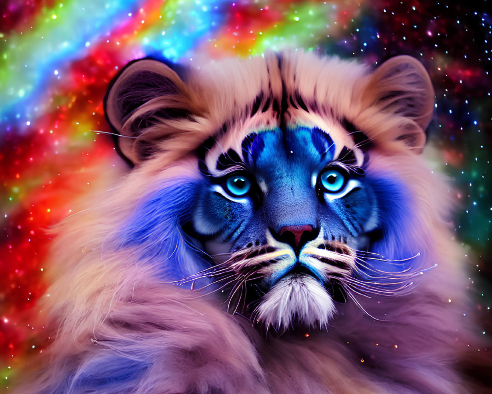 Colorful Cosmic Lion Artwork with Blue Facial Markings