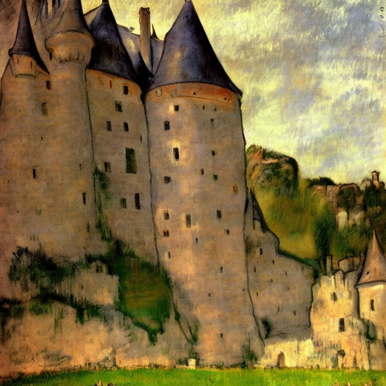 Medieval castle painting with round towers and dynamic sky