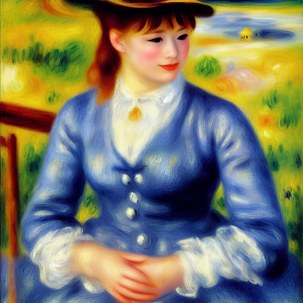 Impressionistic painting of woman in blue dress outdoors