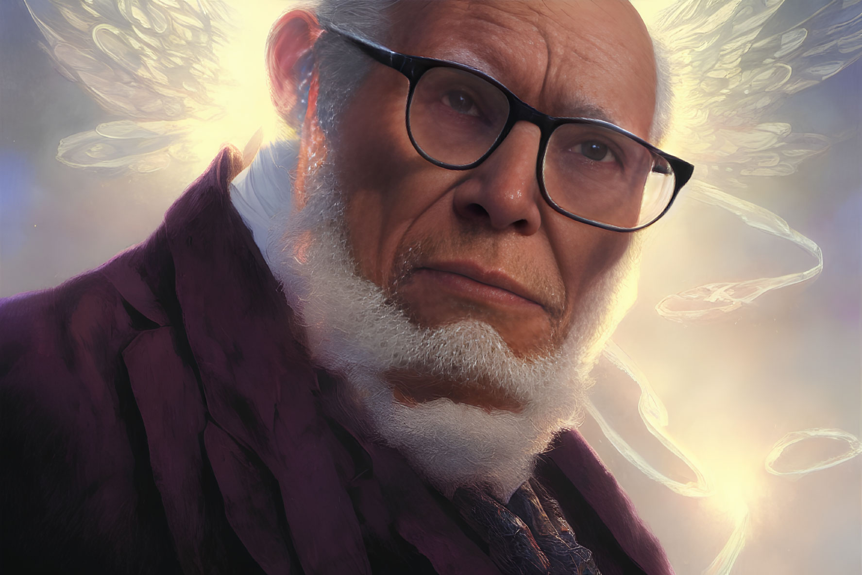 Elderly Man with Glasses and Purple Coat Surrounded by Glowing Ethereal Jellyfish Shapes