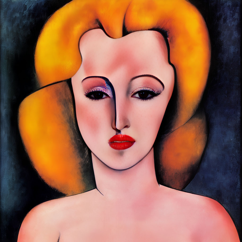 Portrait of woman with red lips, pale skin, yellow hair, dark backdrop