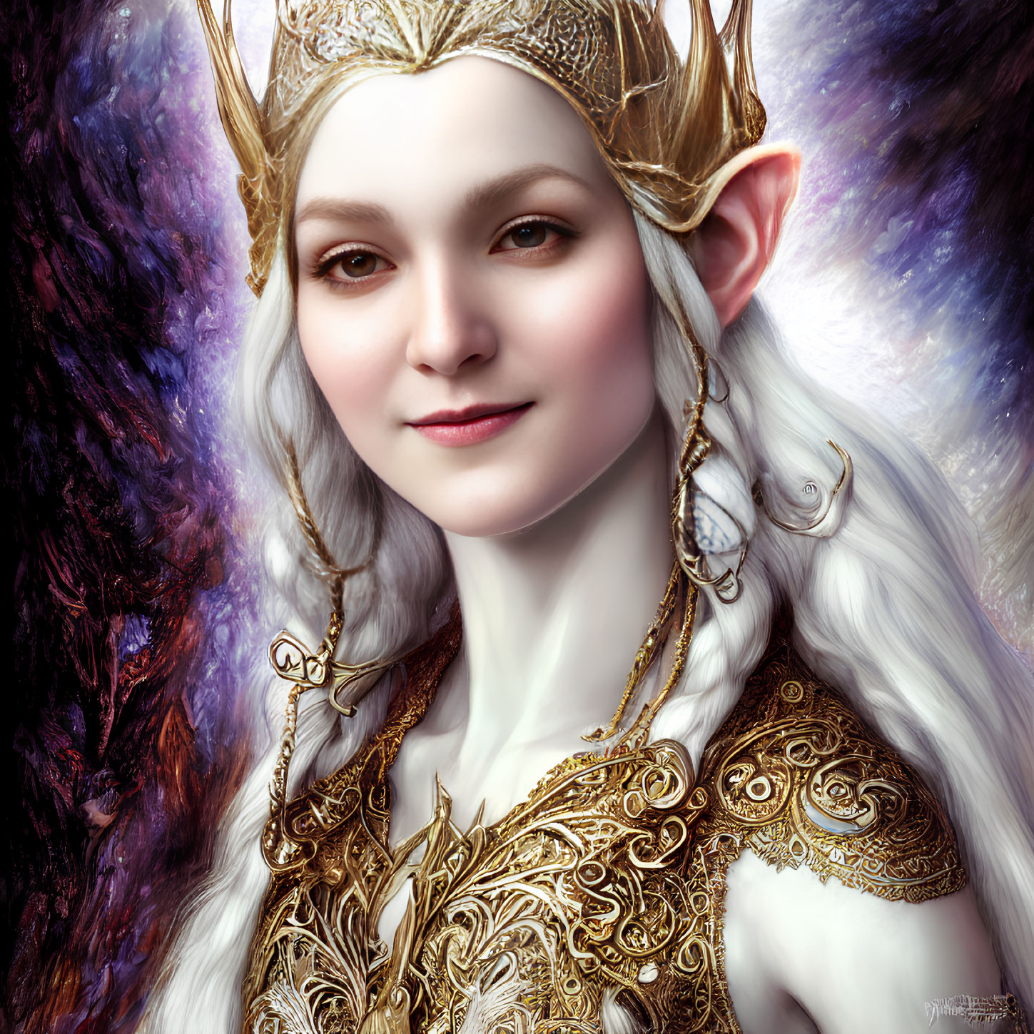 Regal fantasy elf in golden crown and armor on purple background