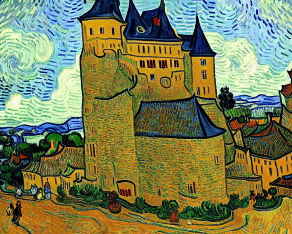 Colorful swirling castle painting with bold brushstrokes
