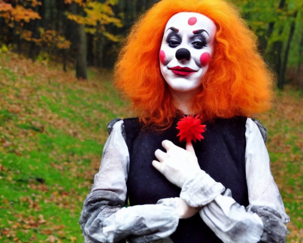 Clown costume with white makeup, red nose, flower, orange wig in autumn setting
