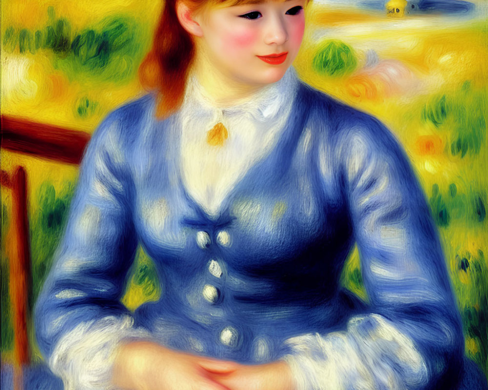 Impressionistic painting of woman in blue dress outdoors