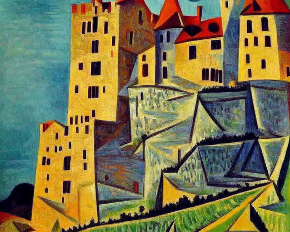 Colorful Cubist-Style Castle Painting with Geometric Shapes