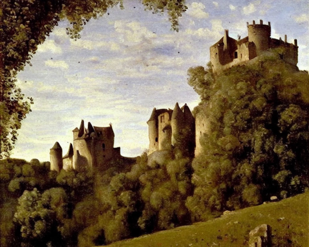 Medieval castle on lush hill with deer in pastoral scene