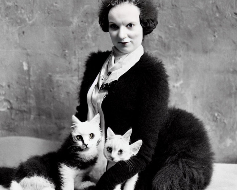 Black and White Vintage Photo: Person in Cat Costume with Two Cats
