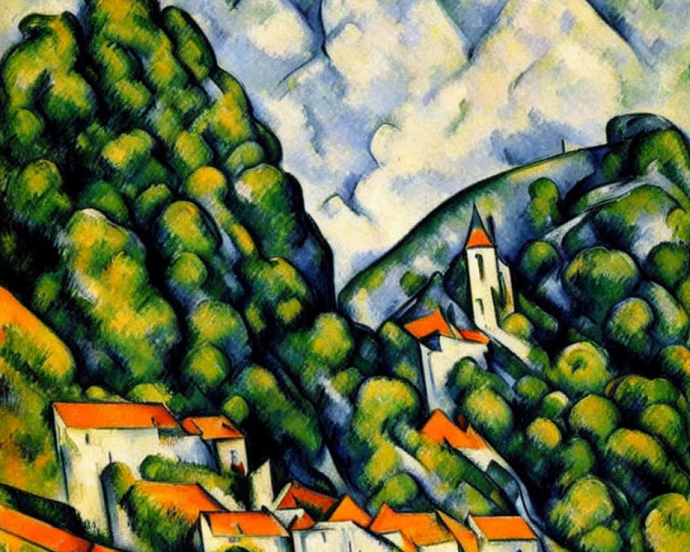 Colorful rural landscape painting with rolling hills, church steeple, and orange-roofed houses
