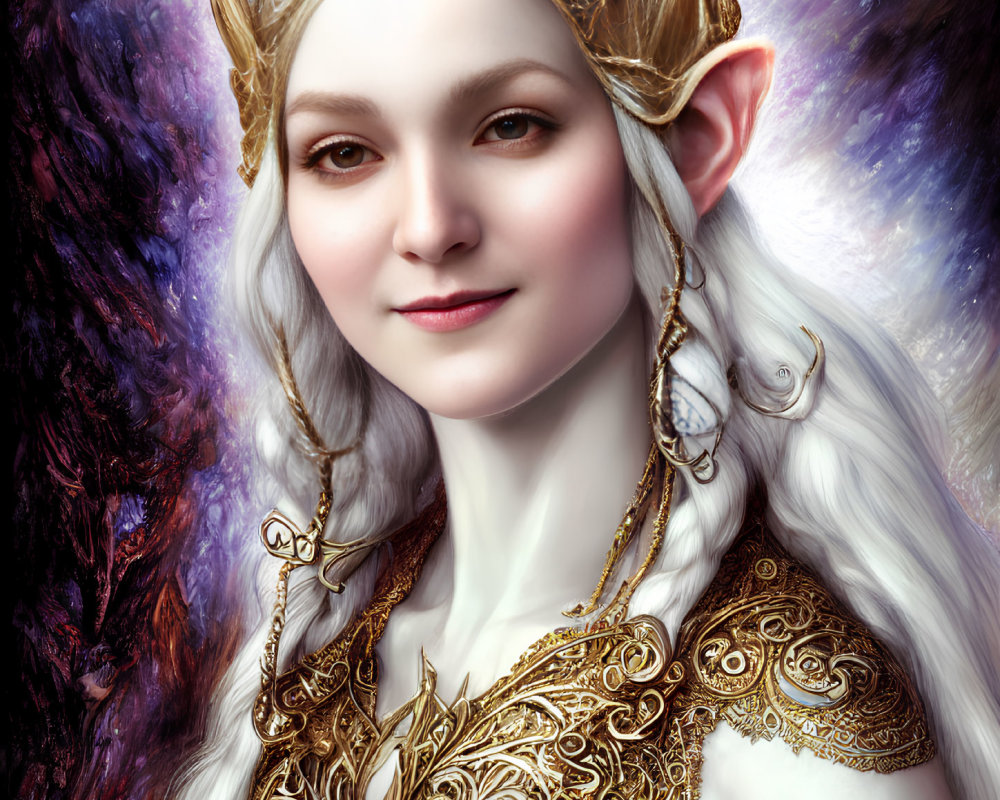 Regal fantasy elf in golden crown and armor on purple background