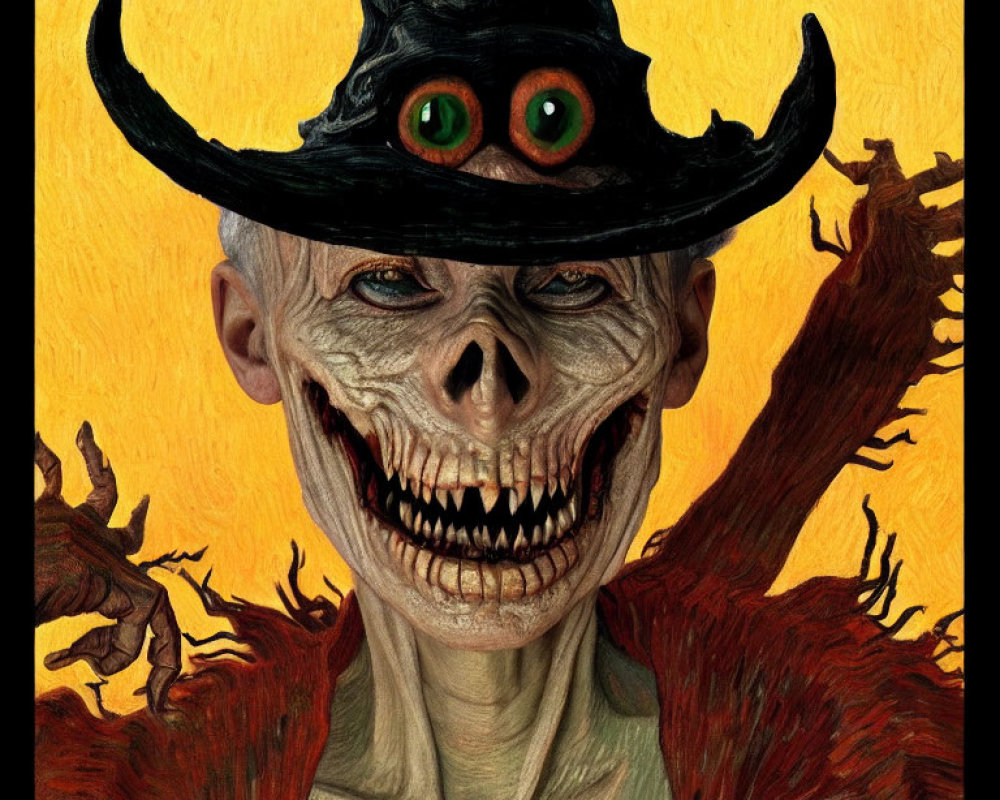 Spooky skeletal figure with wide grin and witch's hat on textured yellow background