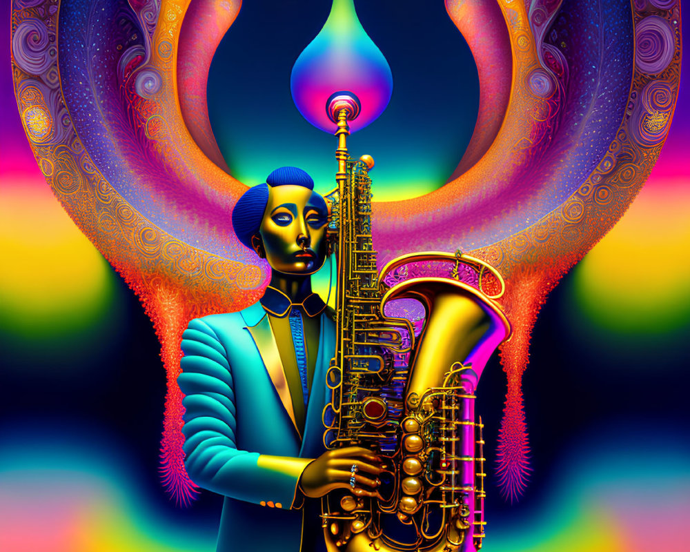Colorful Digital Artwork: Blue Character with Saxophone in Psychedelic Setting