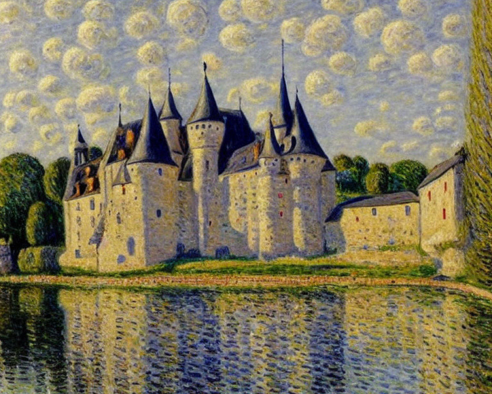 Castle with Multiple Spires Reflected in Water in Impressionist Style
