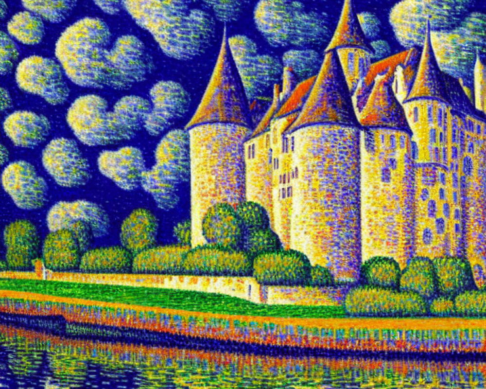Vibrant pointillist-style artwork of castle by water under textured night sky