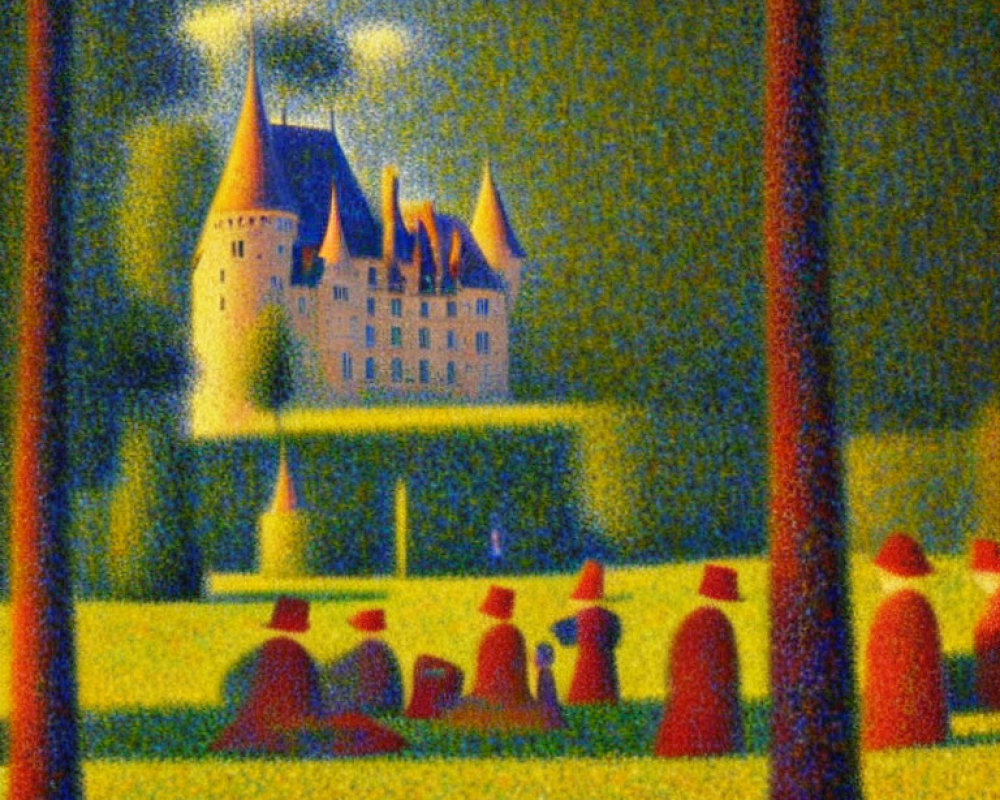 Colorful Pointillist Castle Landscape with Trees and Abstract Foliage