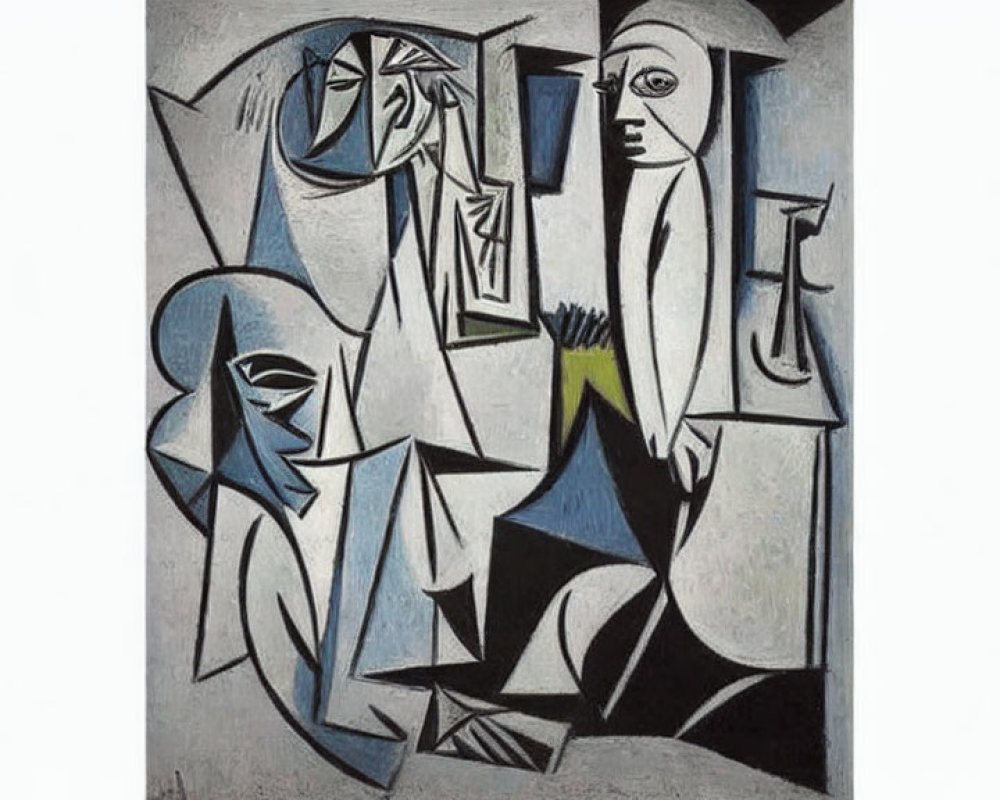 Abstract Cubist Painting with Fragmented Figures in Muted Colors