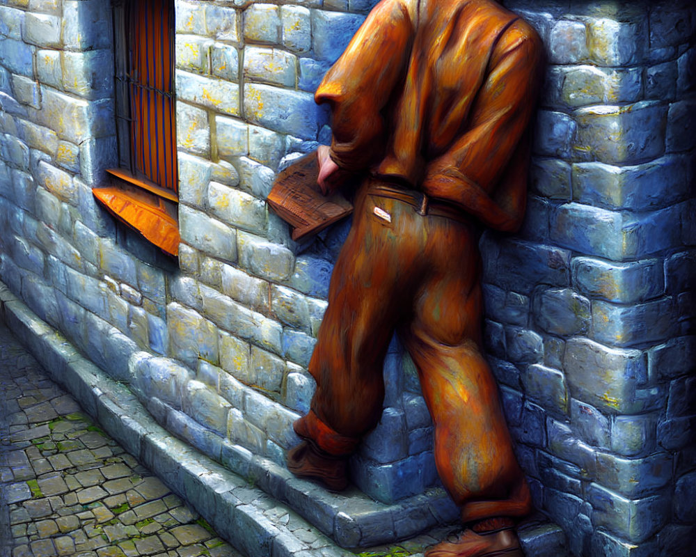 Human figure blending into brick wall on cobblestone street with wooden ledge.