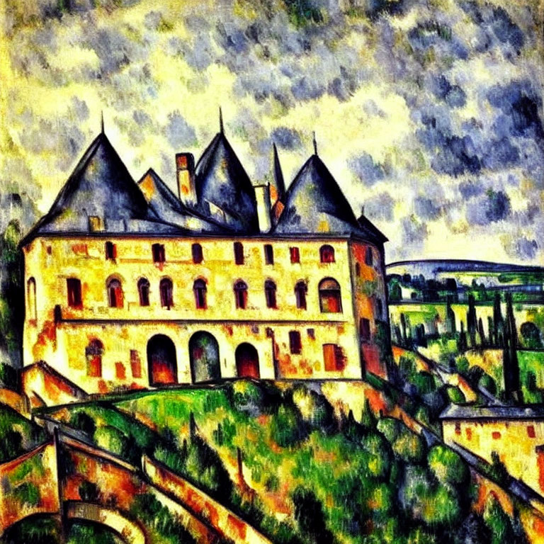 Vibrant Expressionist Castle Painting with Distorted Angles