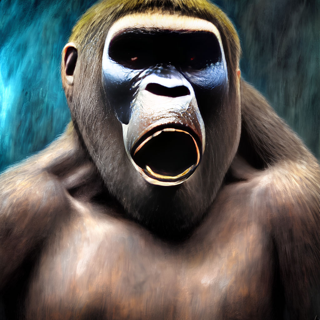 Detailed close-up of animated gorilla with open mouth and textured fur on blue background