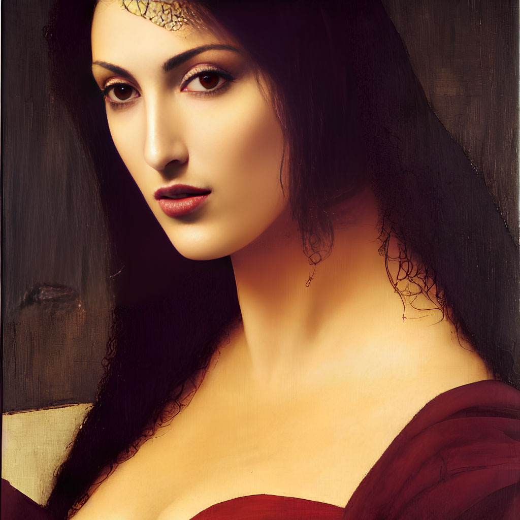 Portrait of Woman with Dark Hair and Red Attire Staring Intensely