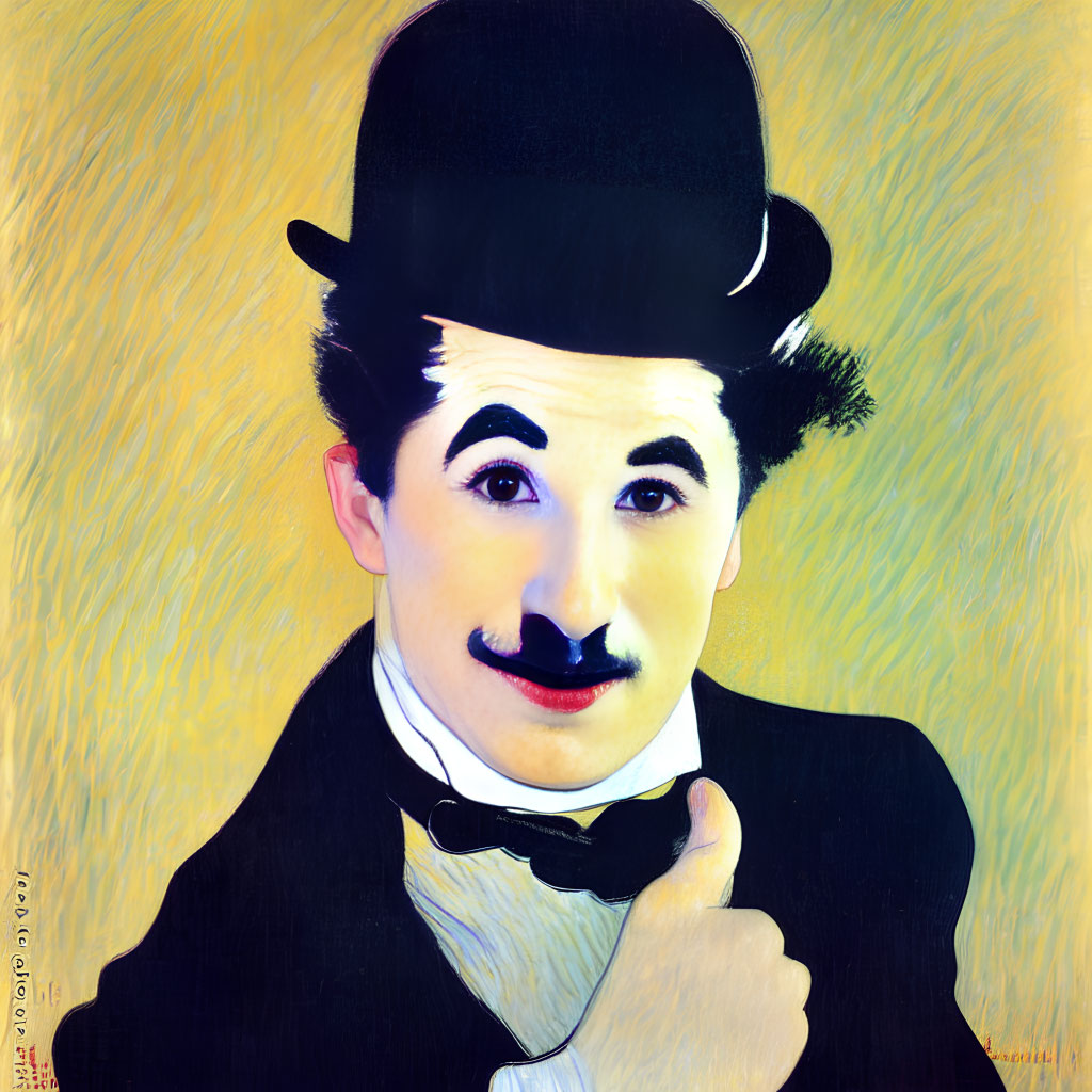 Stylized portrait of man in bowler hat with mustache and bow tie on yellow background