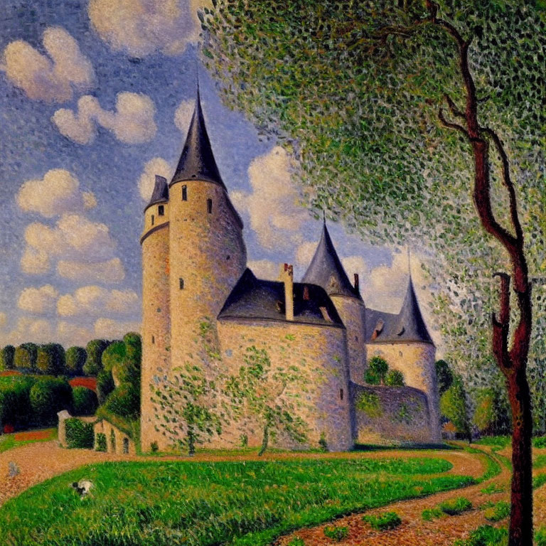Pointillist painting of castle with conical towers in lush greenery under vibrant blue sky
