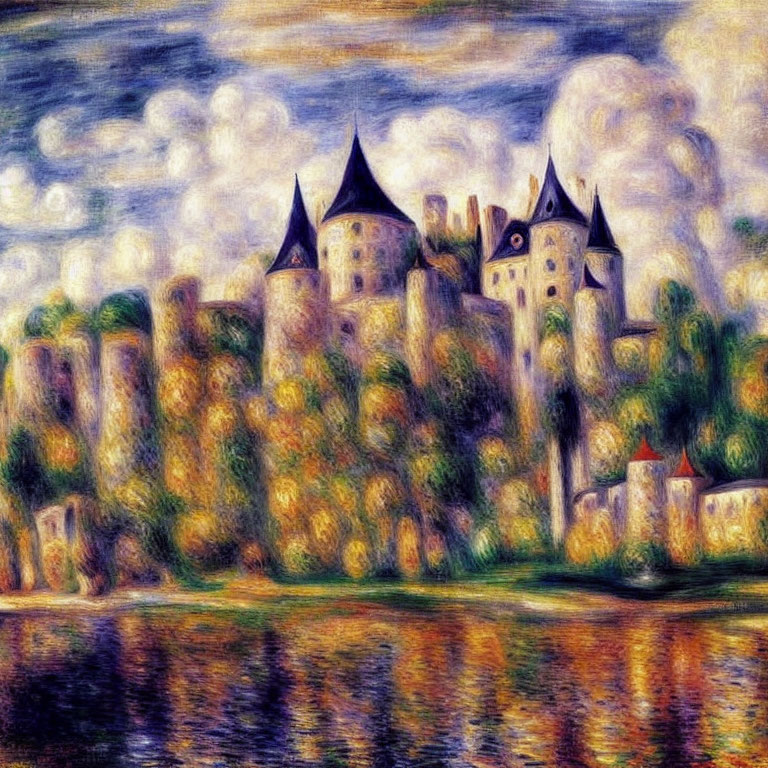 Medieval castle painting with autumn trees and rippling water