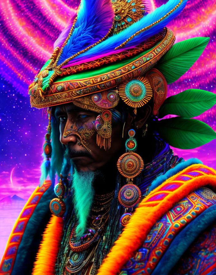 Person in Traditional Attire with Feathers on Psychedelic Background