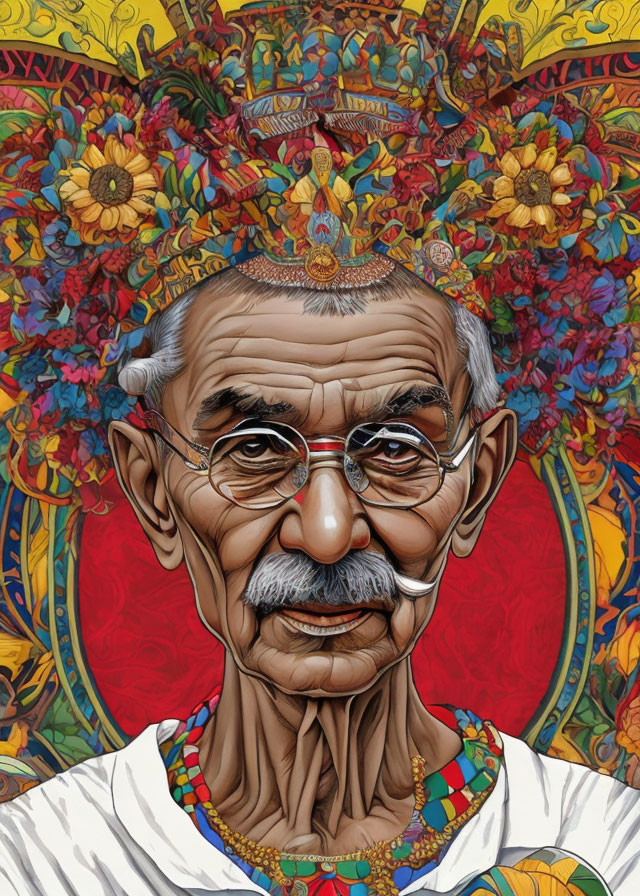 Colorful Mahatma Gandhi illustration with floral background and iconic spectacles