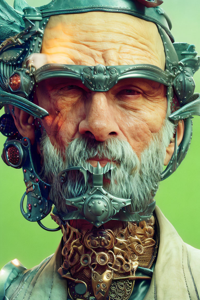 Digitally-created elderly man in futuristic helmet on green background