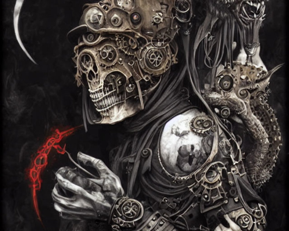 Dark steampunk artwork with skull-faced figure, scythe, and red accents
