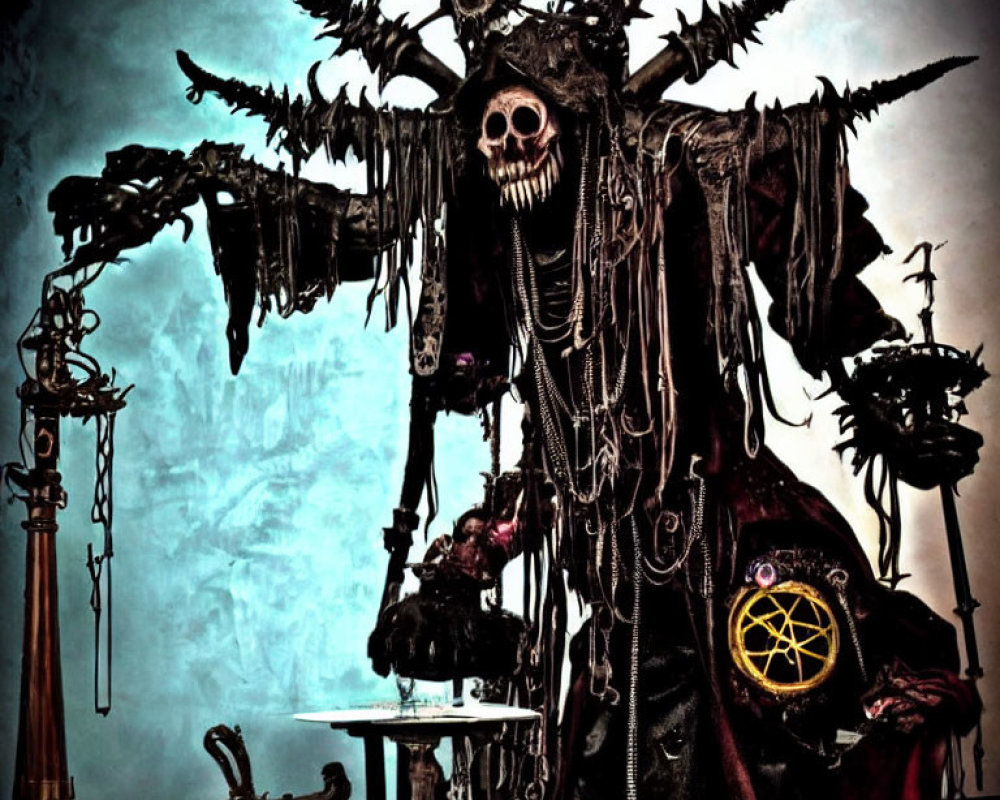 Dark Robed Figure with Skull Face and Wing-like Appendages in Mystical Setting