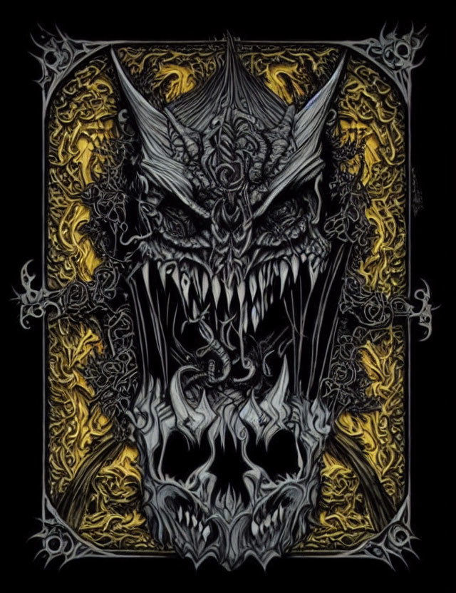 Symmetrical fantasy art with demonic figure in gothic filigree, gray and yellow tones