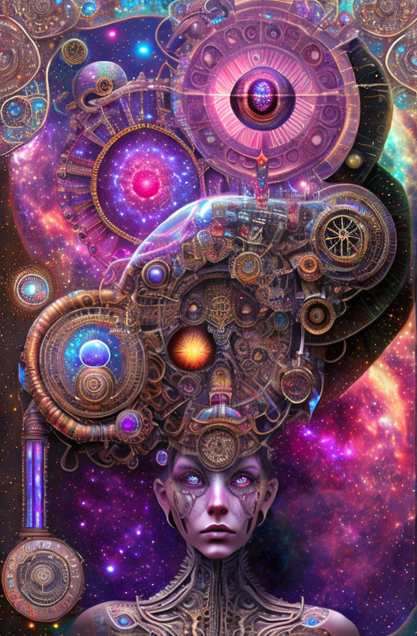 Digital Artwork: Person with Cosmic Headdress and Space Background