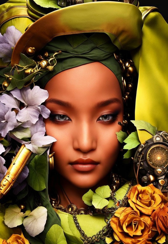 Portrait of Woman in Green and Gold Attire with Headscarf and Vintage Accessories
