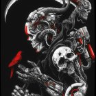 Dark steampunk artwork with skull-faced figure, scythe, and red accents