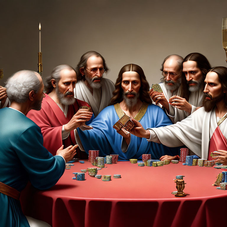 Modern reinterpretation: Apostles in poker game with drinks
