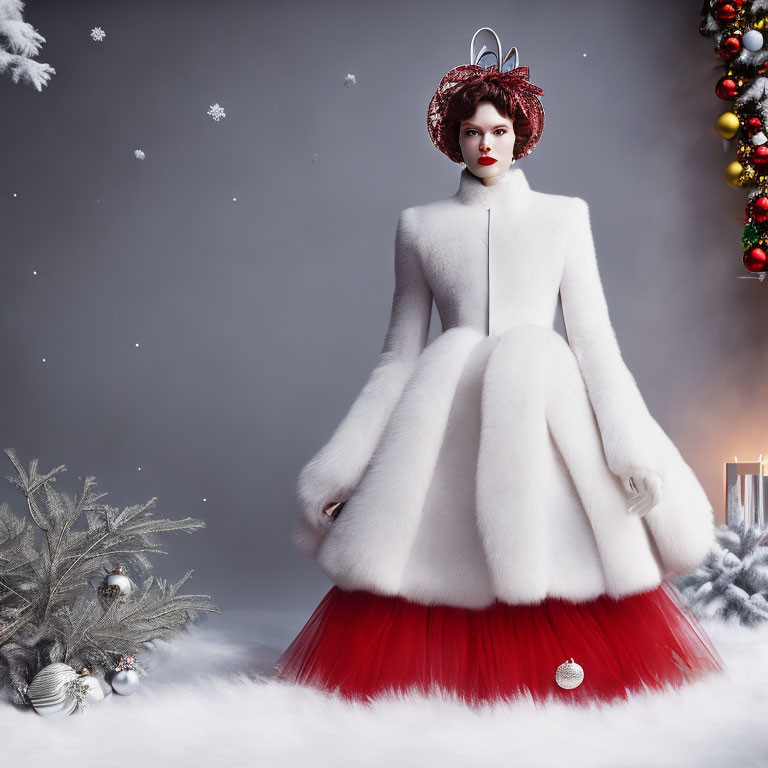 Elaborate Winter Queen in Festive Snowy Scene