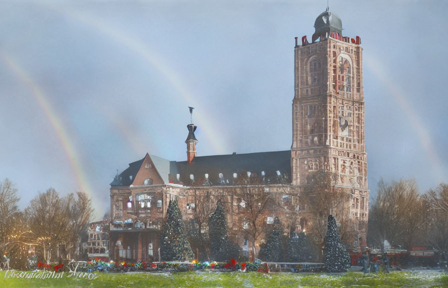 Historic building with tall clock tower and Christmas decorations under double rainbow