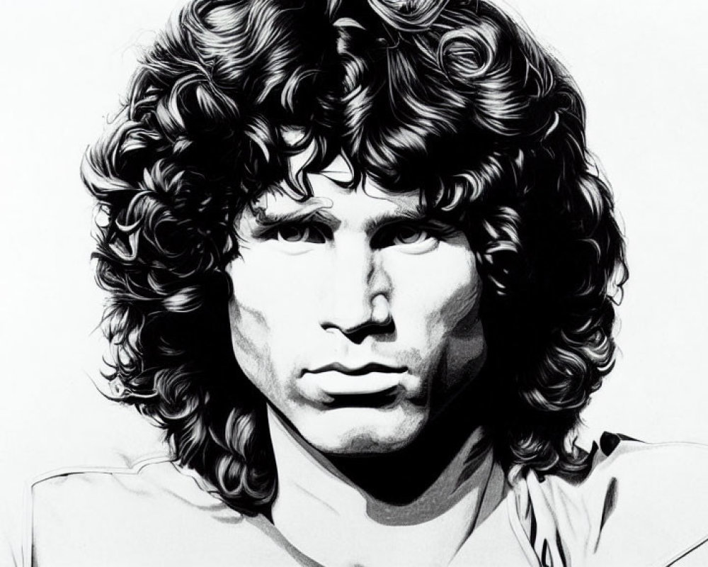 Monochrome illustration: man with curly hair and intense gaze