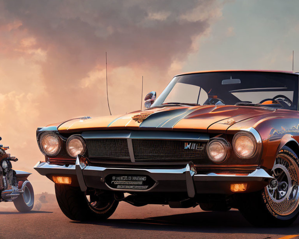 Vintage orange muscle car with racing stripes at sunset showcasing front grille and chrome bumper.