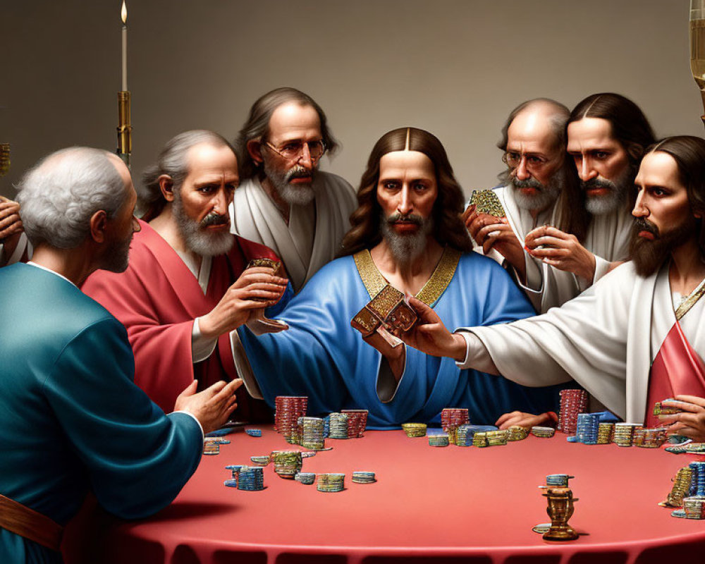 Modern reinterpretation: Apostles in poker game with drinks