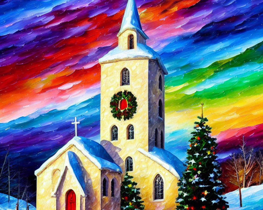 Colorful Winter Church Scene with Snow and Christmas Tree