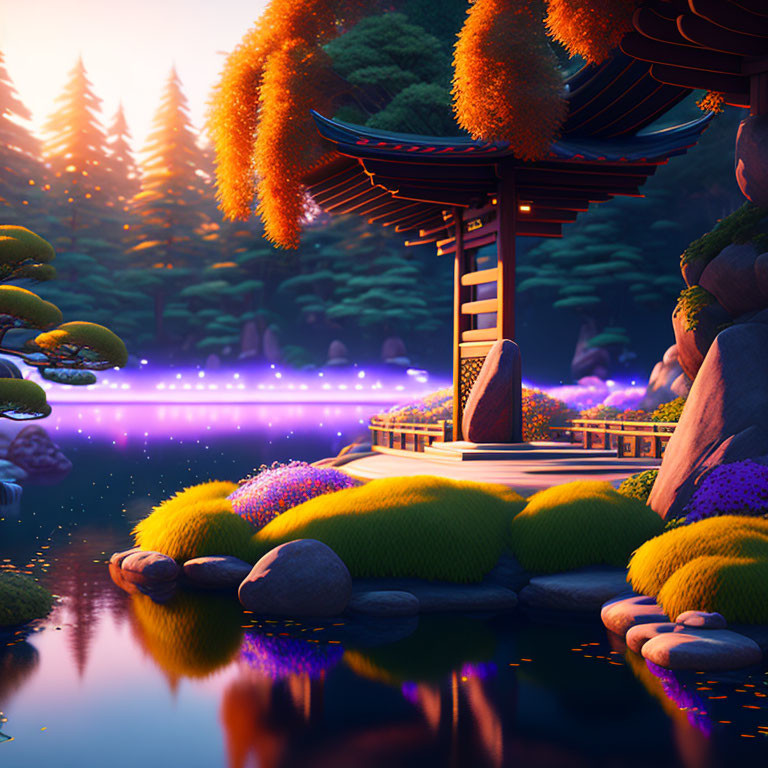 Tranquil pond with glowing purple bridge and pagoda in lush flora